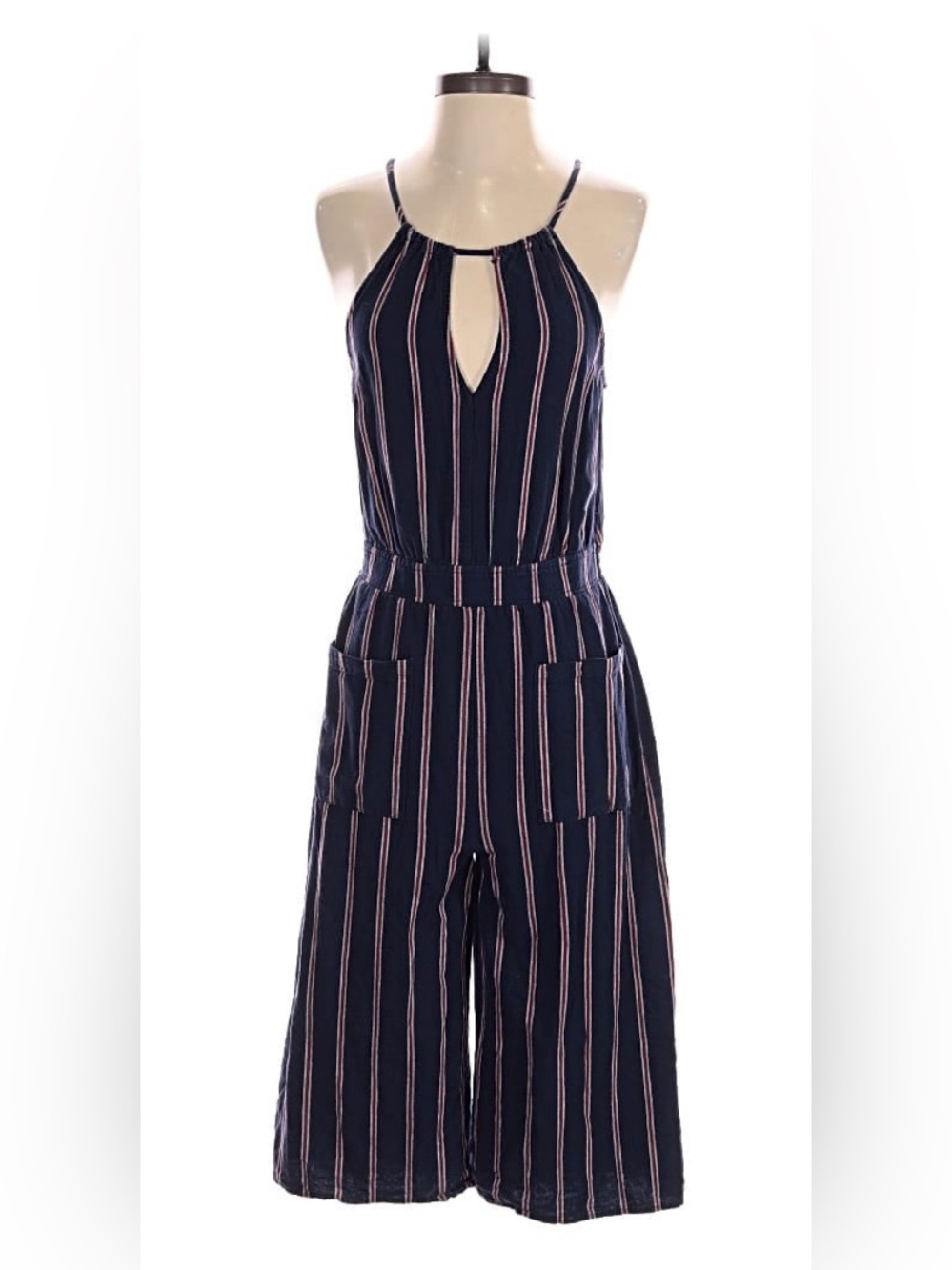 Universal Thread Navy Striped Halter Keyhole Jumpsuit